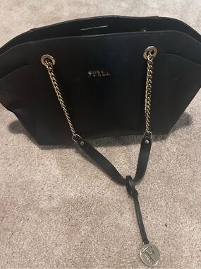 Furla Black Leather Tote with Gold Chain Straps